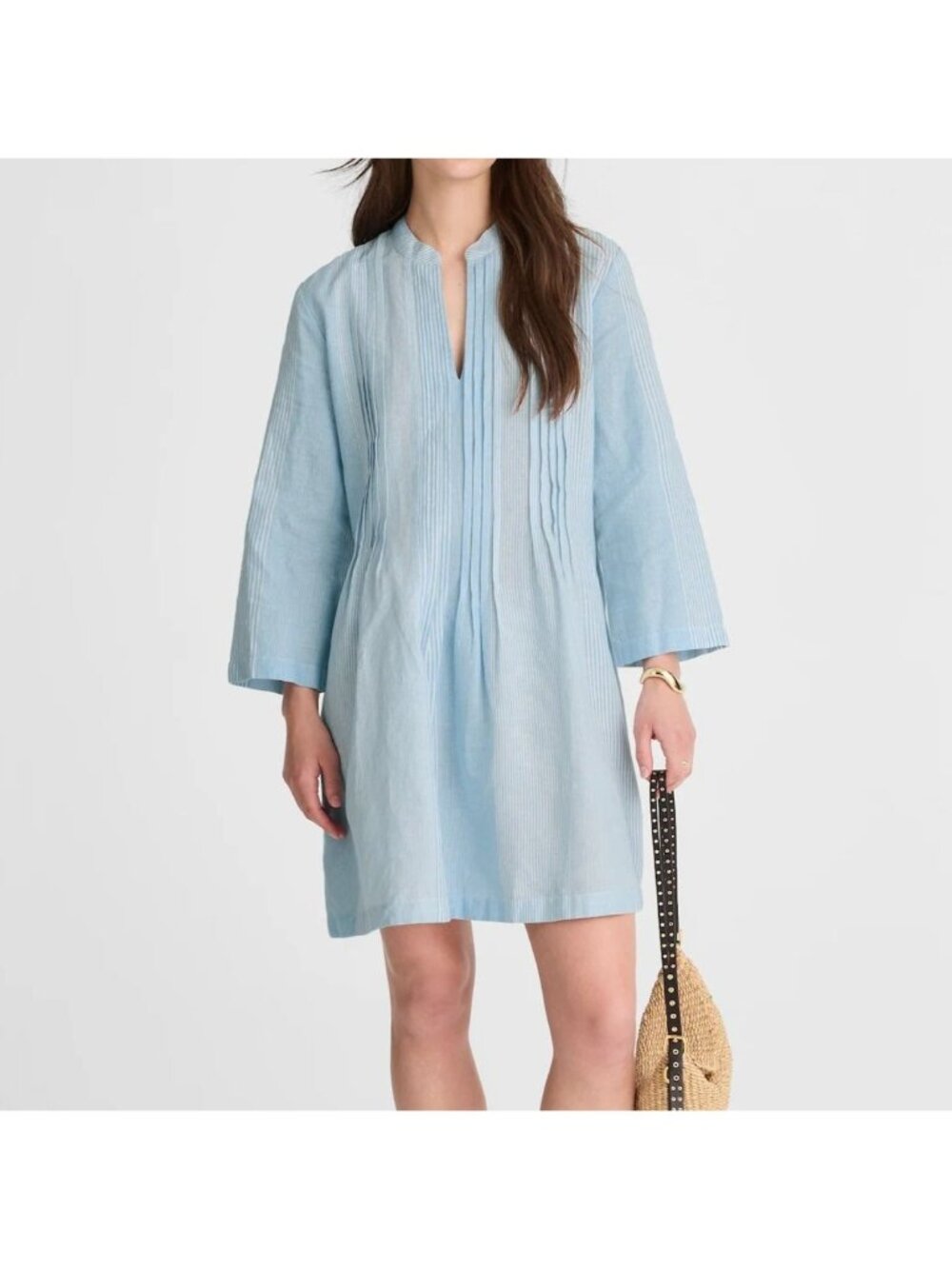 NWT Madewell Mini Shirt Dress Medium Pleated Splitneck Blue White Stripe Linen